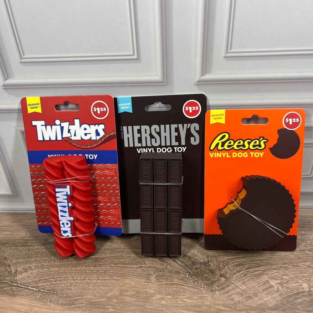 Hershey's Candy Dog Toy Bundle‎ 3pc Squeaky Vinyl Reese's Twizzlers Brown Red
